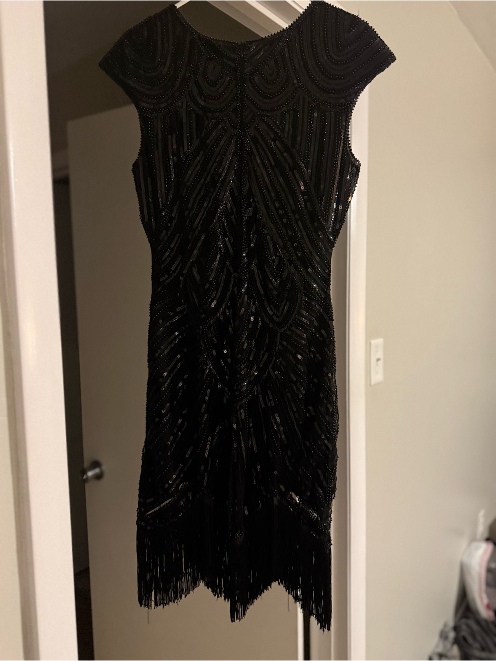 Beaded Black Midi Dress with Fringe Hem